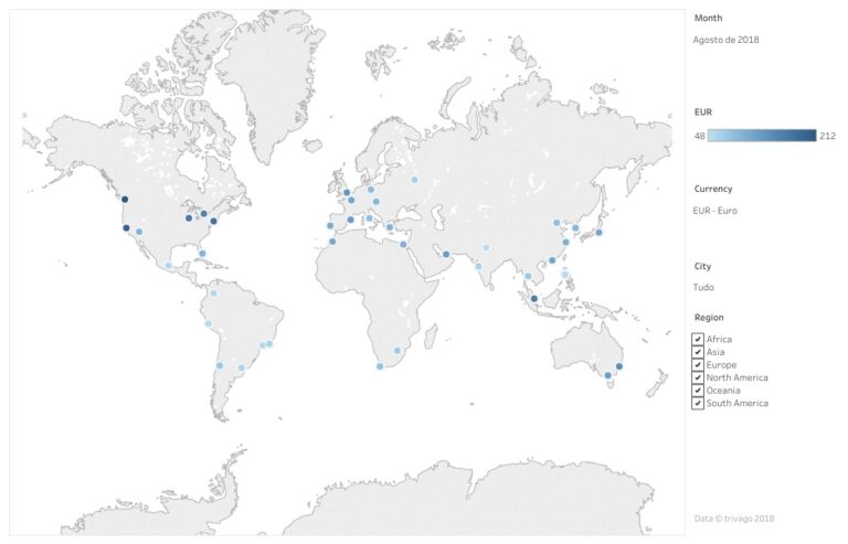 Mapa do índice de preços dos hotéis do Trivago