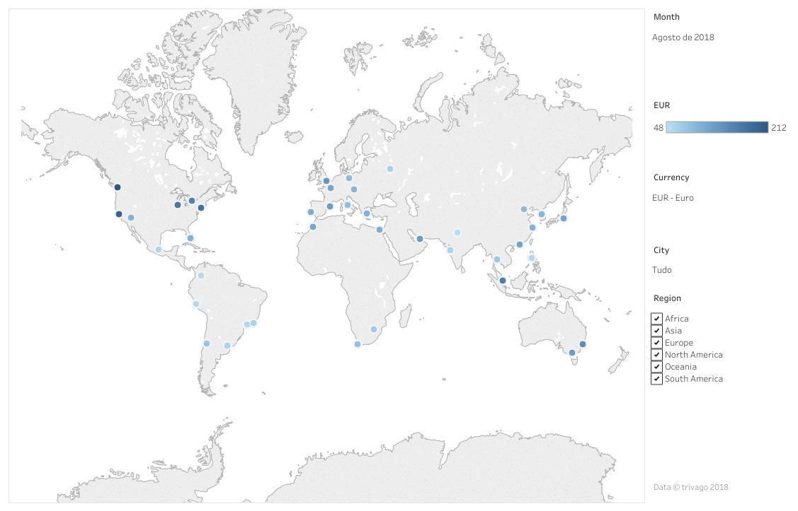 Mapa do índice de preços dos hotéis do Trivago