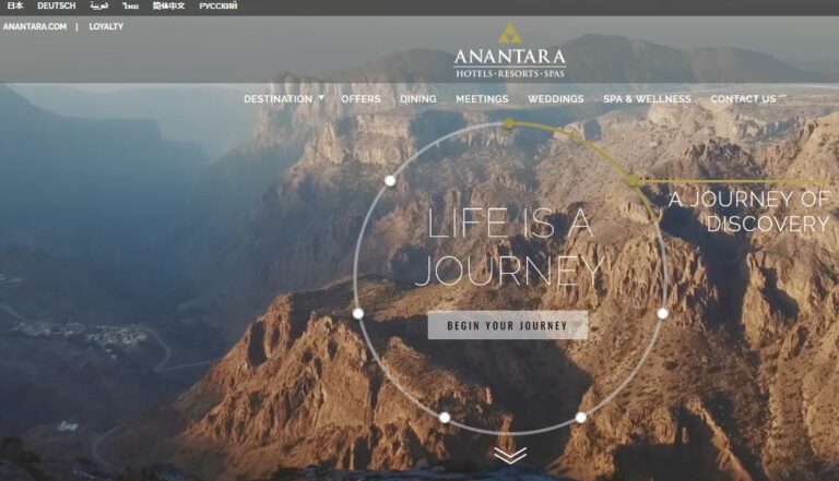 Parte da primeira página do site de hotéis Anantara