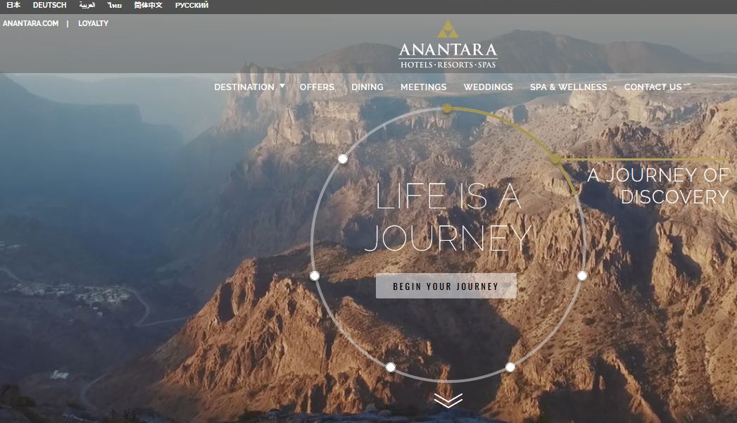 Parte da primeira página do site de hotéis Anantara