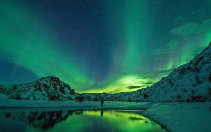 Uma aurora boreal sobre um Lago da Islândia