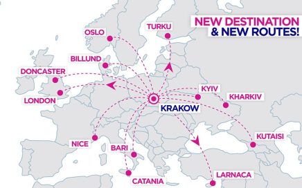 Mapa de novas rotas da Wizz Air na base de Cracóvia na Polónia