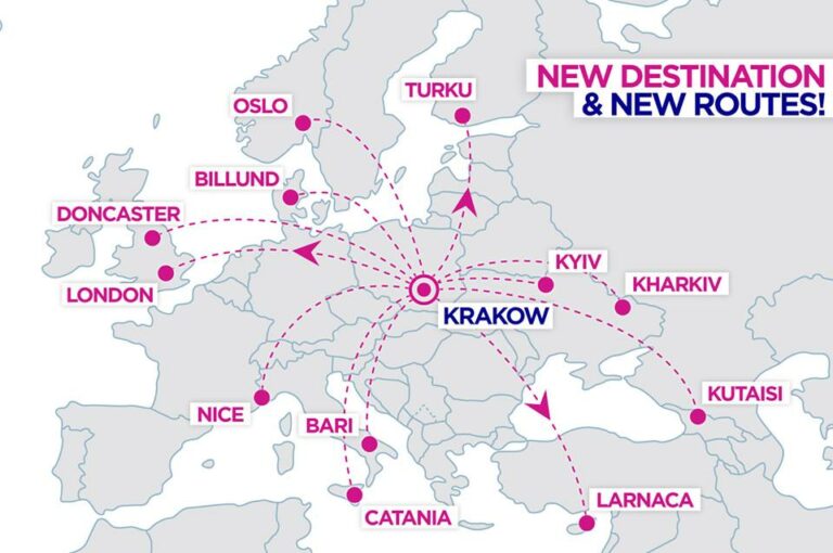 Mapa de novas rotas da Wizz Air na base de Cracóvia na Polónia