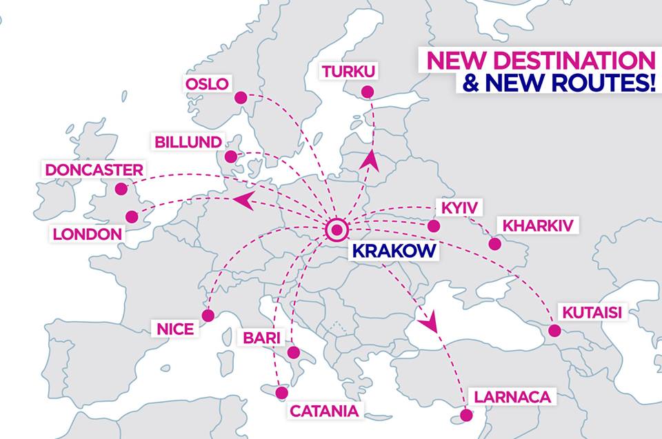 Mapa de novas rotas da Wizz Air na base de Cracóvia na Polónia