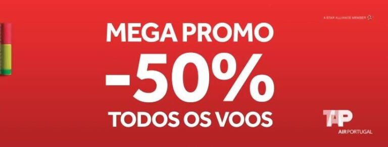 Cartaz da mega promoção da TAP com 50% de desconto