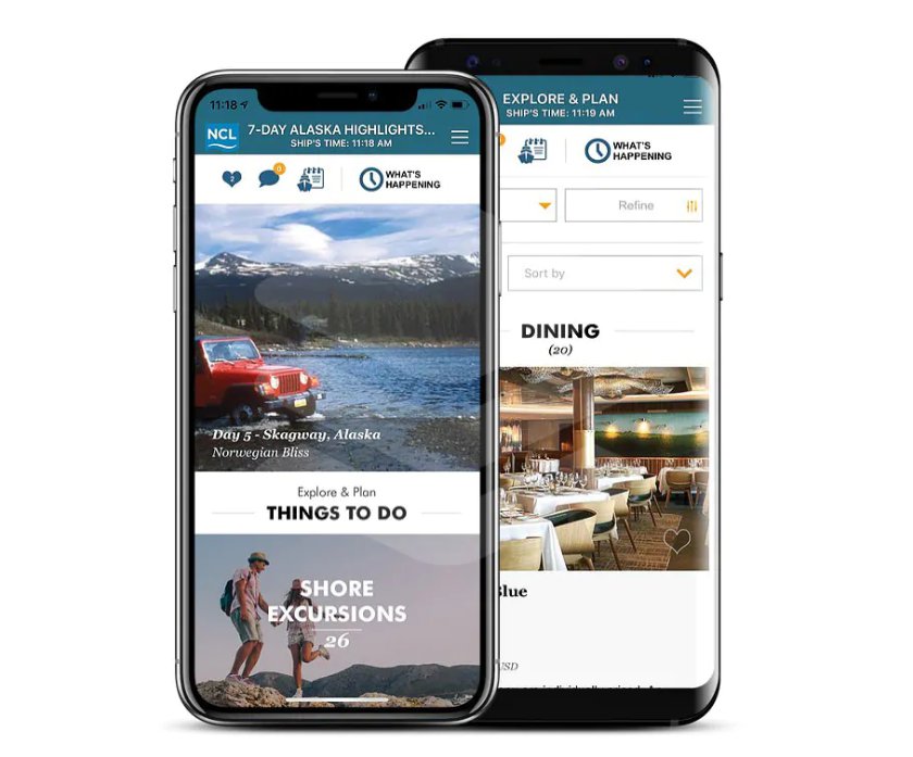 Dois smartphones com a app da Norwegian Cruise Line