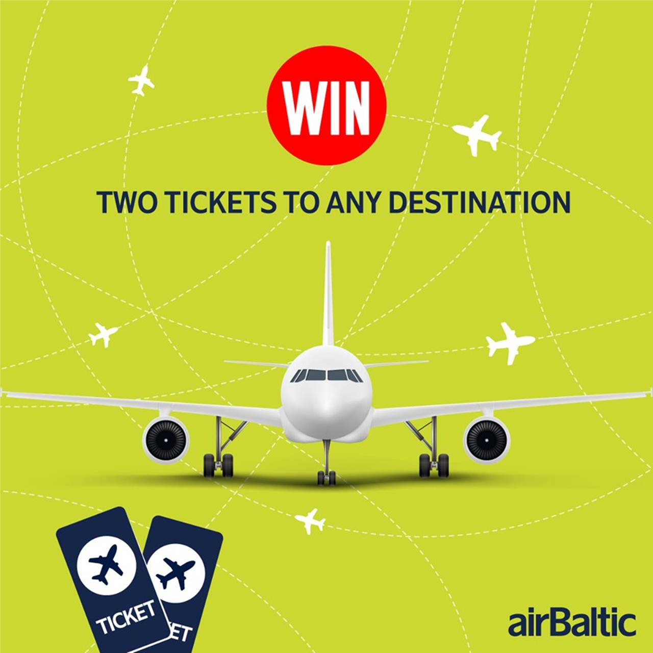 Passatempo da companhia airBaltic para ganhar 2 viagens de avião